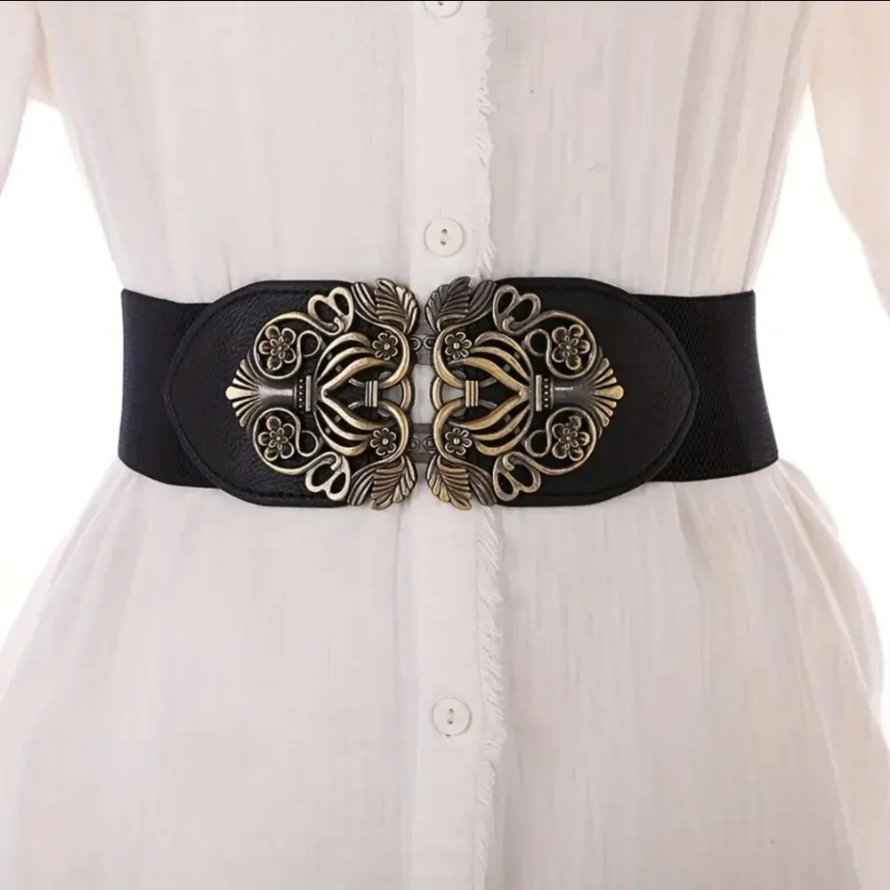 Retro Style Elegant‎ Black and Gold Elastic Women's Belt One Size